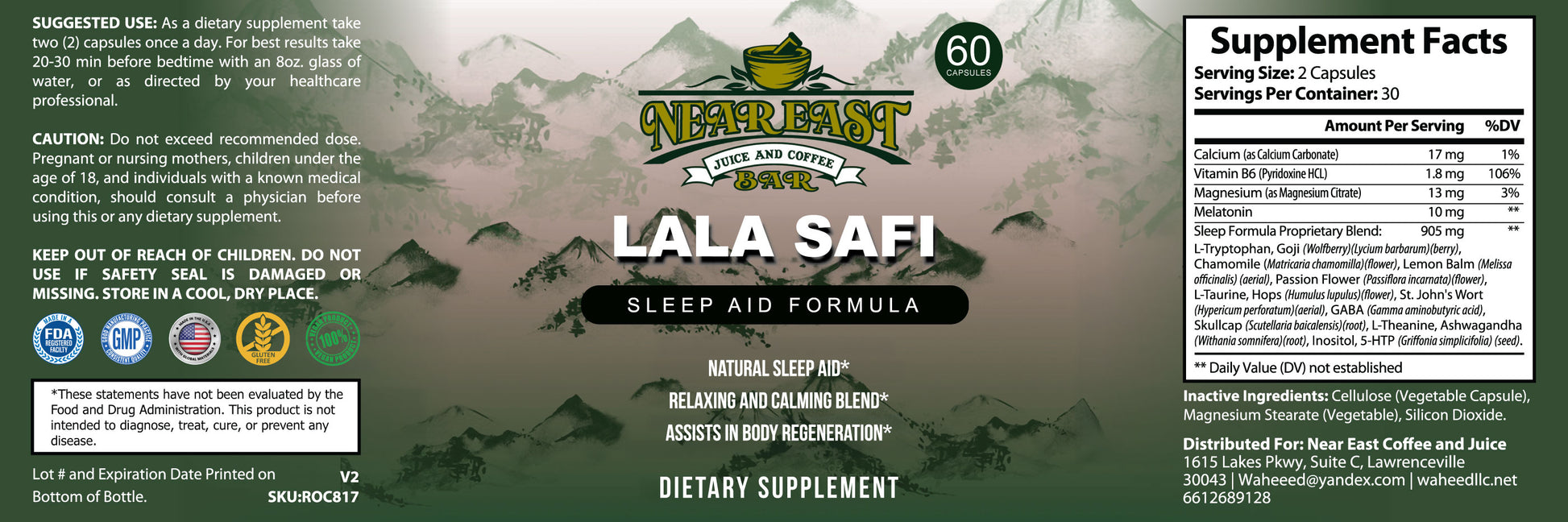 Supplement label for Lala Safi Sleep Aid Formula with branding and dietary information.