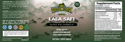 Supplement label for Lala Safi Sleep Aid Formula with branding and dietary information.