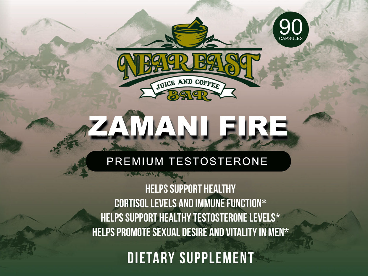 Zamani Fire male vitality supplement bottle with Testofen and LJ100 longjack extract