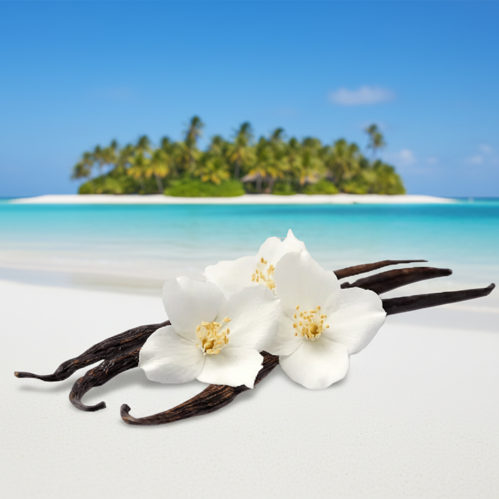 Vanilla flowers and vanilla beans with tropical background